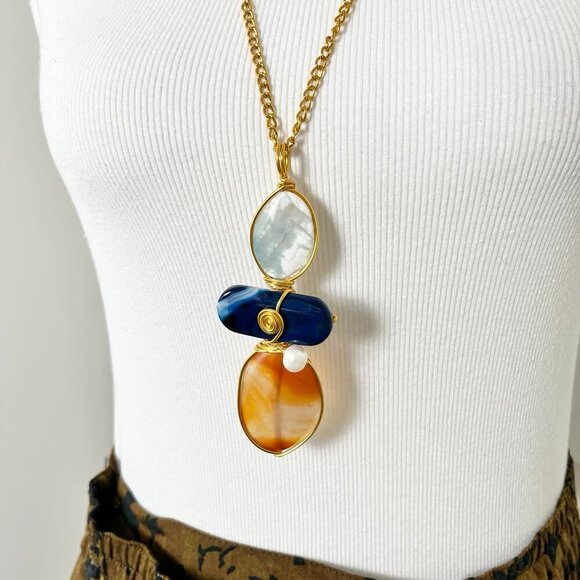 Artisan Pendant Gold-Tone Necklace- Sodalite, Blue Agate, Pearls & Carnelian - Picture 3 of 13